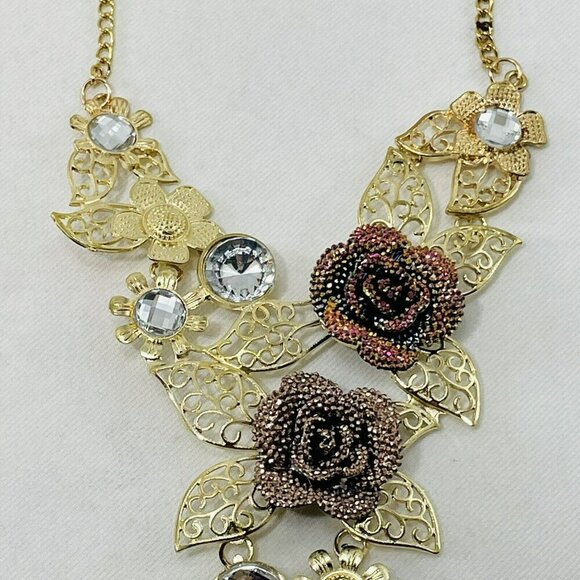 Rose Flower Necklace Earrings Matching Set Statement Gold Tone Chunky Retro Big - Picture 6 of 12